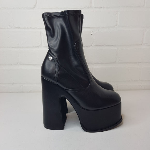 Shellys Nova Platform Boots EU 38 UK 5 Black Sock Vegan PU Party Statement BN - Picture 3 of 15